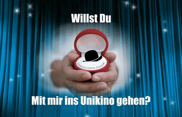 a person holding a red box with a top hat on it and the words willst du mit mir ins unikino gehen