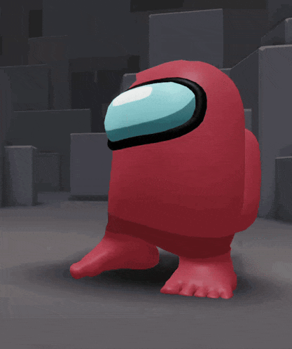 a red among us character with big feet and a blue head