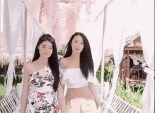 two women are standing next to each other under a canopy in a garden .
