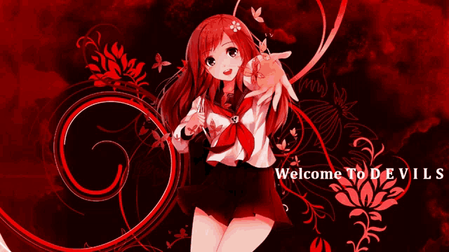 a girl with red hair is surrounded by red swirls and the words welcome to devils on the bottom