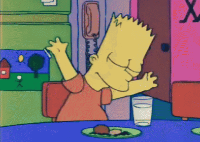 bart simpson is sitting at a table with a glass of water and a plate of food