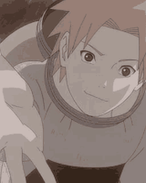 a close up of a cartoon character with red hair and a helmet on his head .
