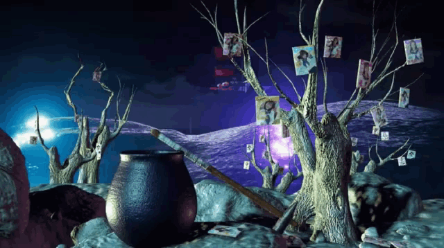 a black pot sits in front of a tree with tarot cards hanging from it