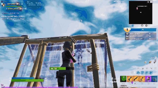 a screenshot of a video game with a person standing in front of a screen that says ' fortnite '