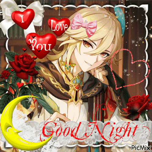 a picture of a man with hearts and the words good night on it
