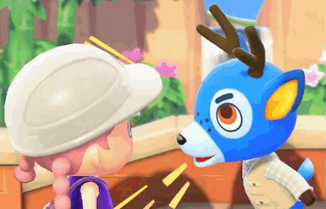 a girl and a blue deer are standing next to each other in a video game