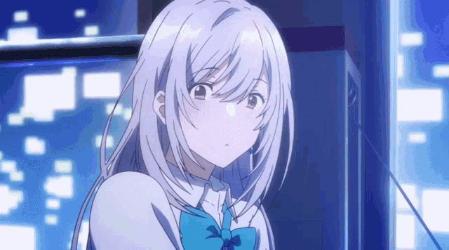 a girl with white hair and a blue bow on her neck