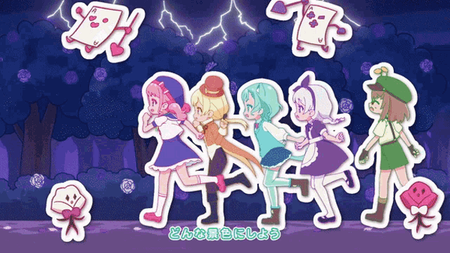 a cartoon drawing of a group of girls with a purple background
