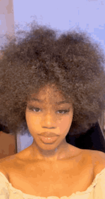 a woman with a very large afro is taking a selfie .