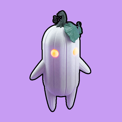 a cartoon drawing of a white pumpkin with glowing eyes