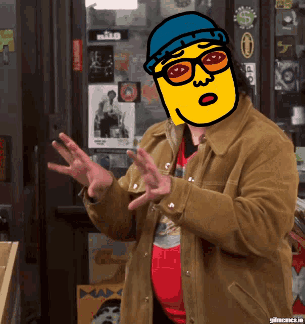 a man in a brown jacket has a cartoon face on his head