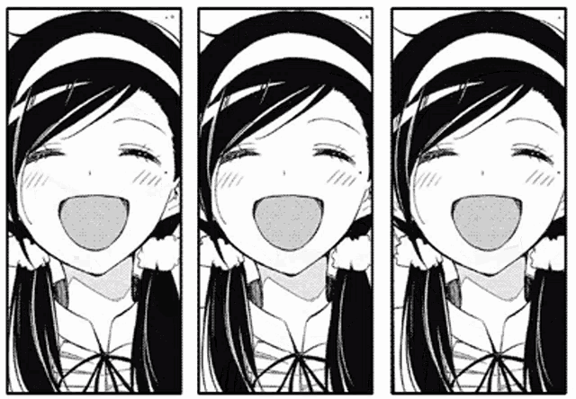 a black and white drawing of a girl with long hair laughing .