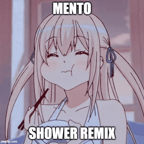 a picture of a girl with chopsticks and the words mento shower remix