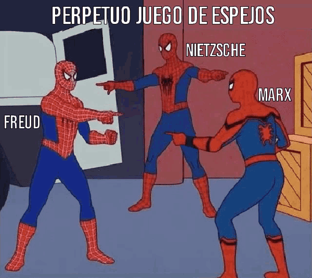 a cartoon of three spider-men pointing at each other with the words perpetuo juego de espejos written above them
