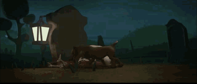 a cartoon character with red hair is standing in a field at night