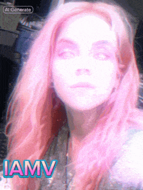a woman with pink hair has iamv written on the bottom