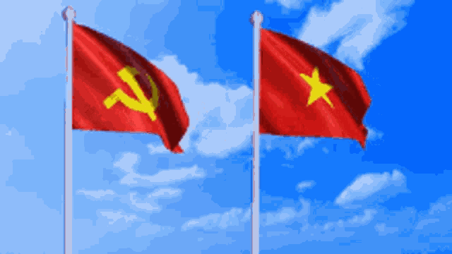 two red flags with the hammer and sickle on them are waving in the wind