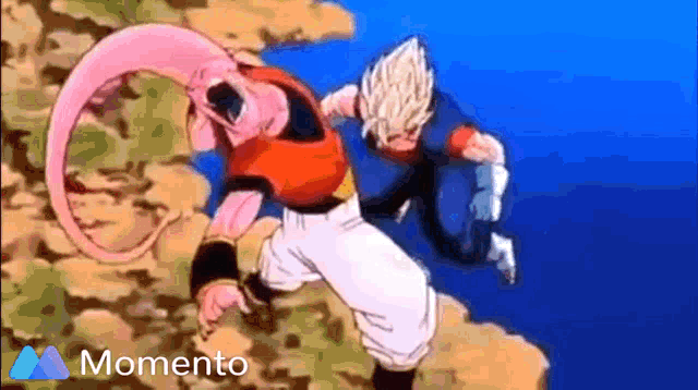 a cartoon of a man with a pink tail fighting another man with a blue tail .