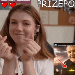 a girl making a heart with her hands next to a picture of a man and the word prizepo