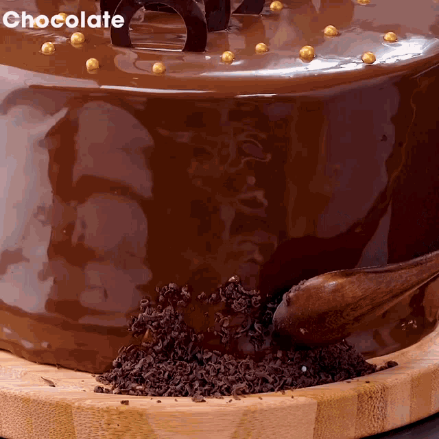 a chocolate cake with a wooden spoon on it