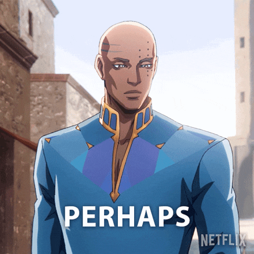 a man in a blue shirt with the word perhaps written on it