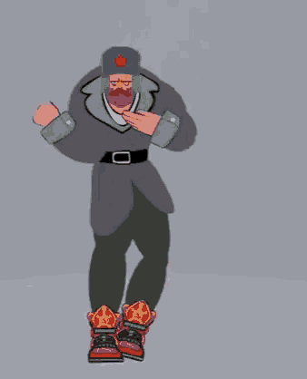 a cartoon of a man with a beard wearing a hat and boots dancing