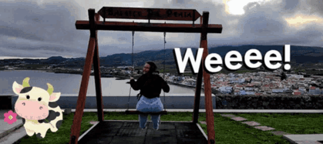a woman sitting on a swing with the words weeeee on the bottom right