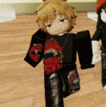 a cartoon character is standing on a wooden floor wearing a black shirt with red sleeves .