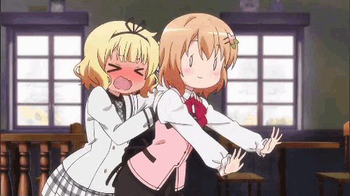 two anime girls are standing next to each other and one has her eyes closed
