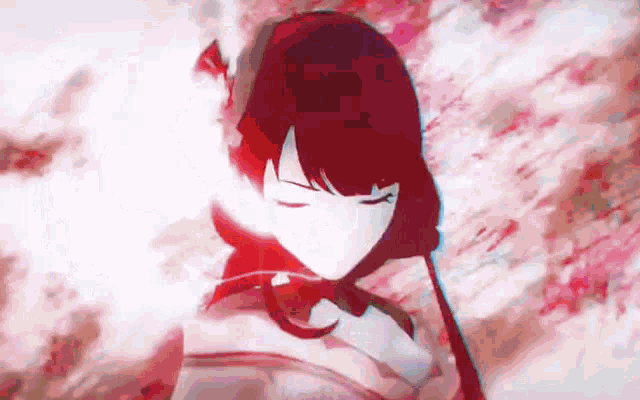 a girl with red hair is standing in front of a cherry blossom tree with her eyes closed .