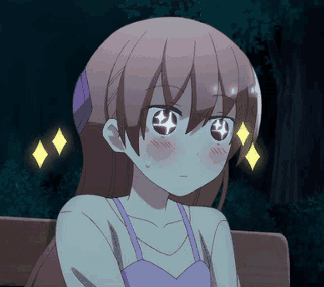 a girl with pink hair is sitting on a bench with her eyes closed