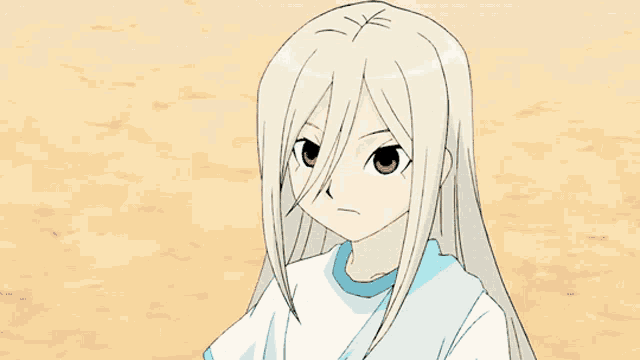 a drawing of a girl with long white hair and a blue shirt