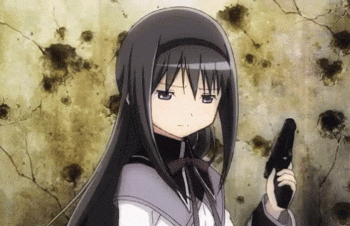 a girl with long black hair is holding a gun in her right hand