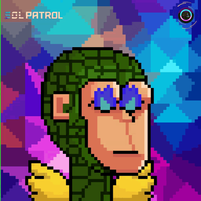 a pixel art of a monkey wearing a green helmet and sunglasses