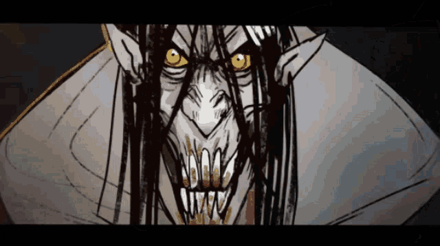a close up of a drawing of a monster with sharp teeth