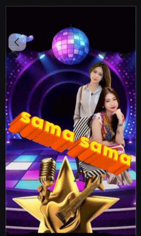 two women are standing in front of a disco ball with the words samasama written in orange