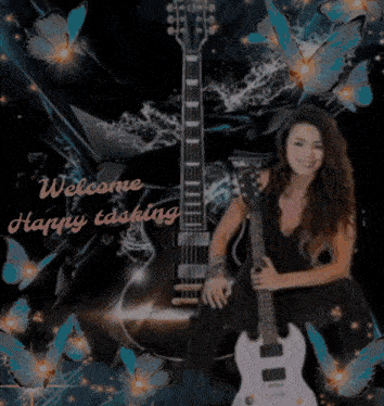 a picture of a woman holding a guitar with the words welcome happy tasking below her