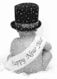 a baby is wearing a top hat and a sash that says `` happy new year '' .