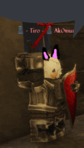 a video game character with purple ears holding a shield and a sword
