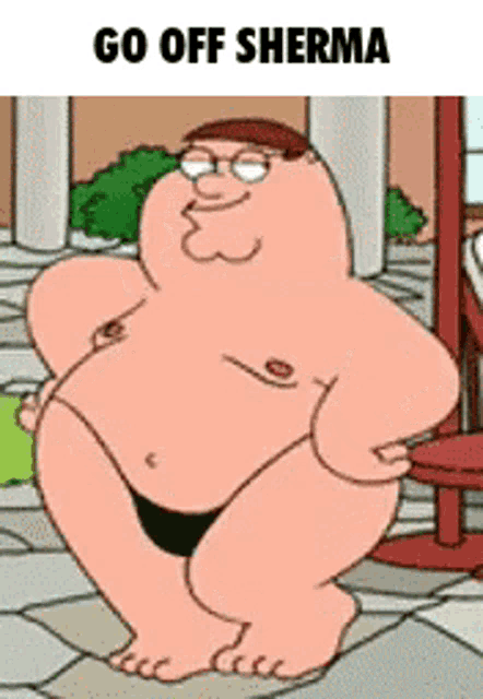 peter griffin from family guy is wearing a black bikini and dancing .