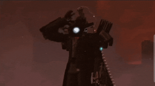 a robot with a light on its head is standing in the dark .