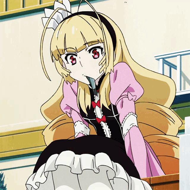 a blonde anime girl in a pink and black dress with red eyes