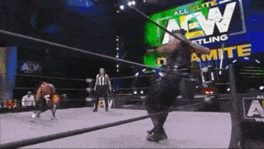 a wrestling match is taking place in a ring with a sign that says all elite wrestling on it .