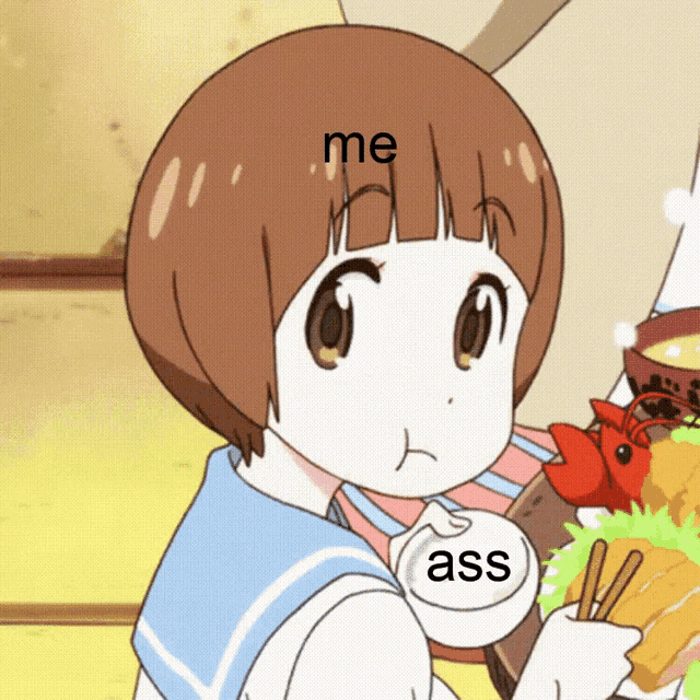 a cartoon girl is holding a plate of food with the words " me ass " written on it