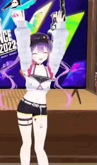 a 3d anime girl is dancing in front of a tv in a living room .