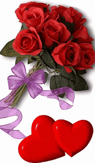 a bouquet of red roses with a purple ribbon and two red hearts