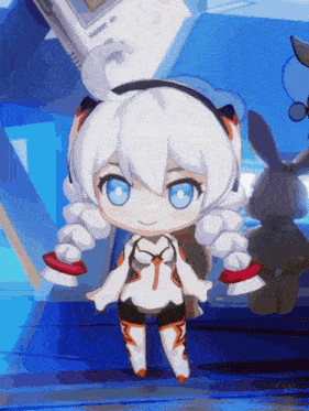 a cartoon character with white hair and blue eyes is standing in front of a stuffed animal