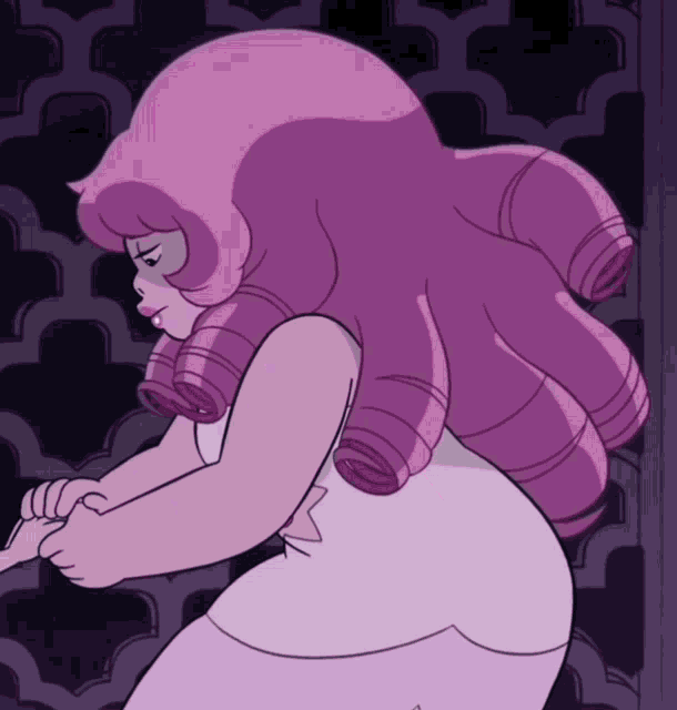 a cartoon character with pink hair is standing in front of a wall