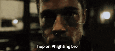 a close up of a man 's face with the words hop on phighting bro below him