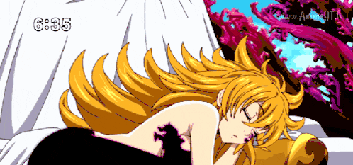 a cartoon of a girl sleeping with the time 6:35 on the bottom